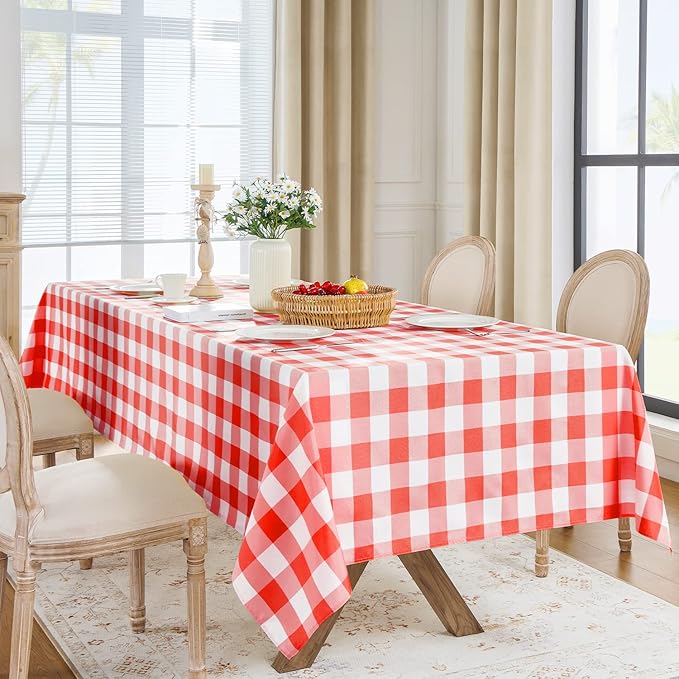 Softalker Gingham Checkered Tablecloth Rectangle - Outdoor Waterproof Buffalo Plaid Table Cloth, Stain Resistant Washable Table Cover for Picnic, Camping, Dining - Red and White, 60 x 84 Inch