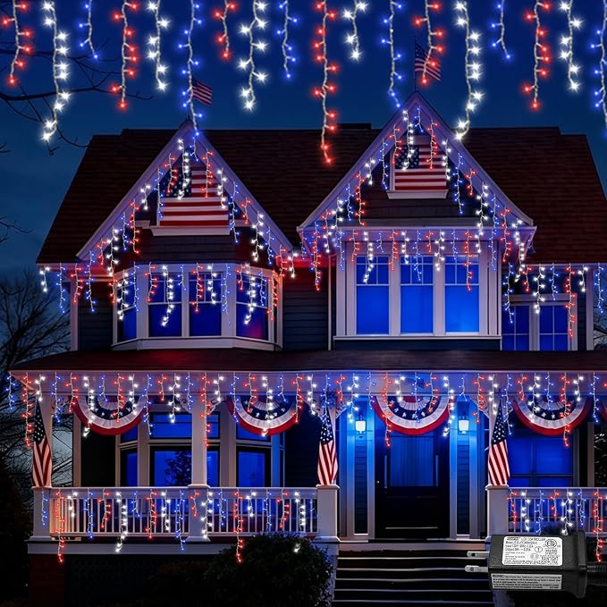 YEGUO 33ft 400 LED Red White and Blue Icicle Lights, 80 Drops 4th of July Icicle Lights for Outside Connectable, 8 Modes Clear Wire Independence Day String Light Indoor with Memory
