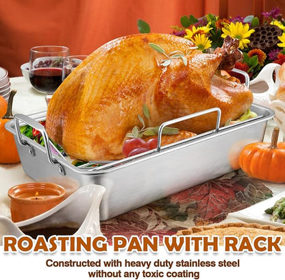 Joyfair Portable Charcoal Grill with Thermometer & Roasting Pan with Rack for Turkey Chicken, Small Tabletop Barbecue Grill for Outdoor Camping, Stainless Steel Roaster Pan and V-rack for Toaster Oven