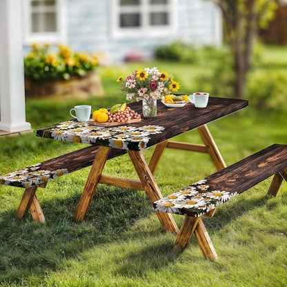 Picnic Table Cover with Bench Covers Elastic Edges, Wooden Board Daisy Fitted Table Cover, Outdoor Patio Camping Essentials 3PCS, Waterproof Camping Fitted Tablecloth with Drawstring Bag 96in