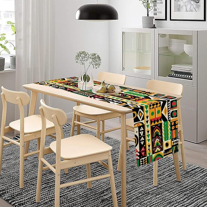 African Tribal Table Runner, Retro Geometric Ethnic Abstract Folk Red Green Yellow Seasonal Table Runner Decor for Kitchen Farmhouse Home Holiday Parties 13x36in