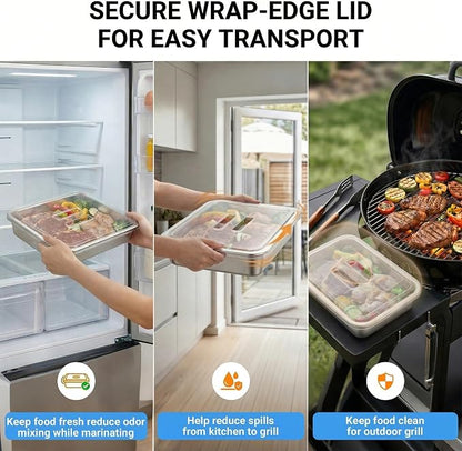 Grilling Prep and Serve Trays with Spill-Reducing Lids, 304 Stainless Steel BBQ Grill Carry System with Drain Board & Acacia Cutting Board