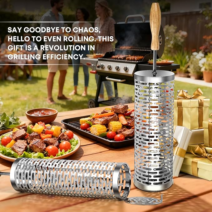 BBQ Rolling Vegetable Grill Basket: Barbecue Smoker Grill Rolling Baskets for Outdoor, Christmas Birthday Gifts for Dad Men Husband Unique 2pcs