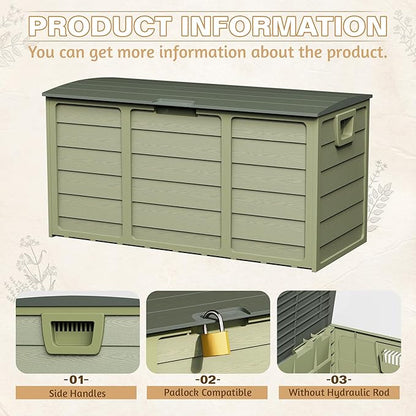 75 Gallon Outdoor Deck Storage Box – Heavy Duty Resin with Lockable Lid, Waterproof & UV Resistant for Patio Furniture, Garden Tools(Green)