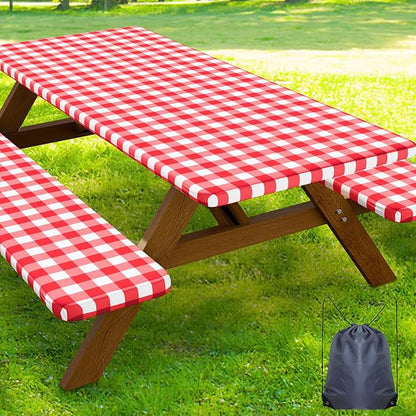 Smiry Picnic Table Cover with Bench Covers, Waterproof Elastic Fitted Tablecloths for 8 Foot Rectangle Tables, Washable Buffalo Plaid Tablecloth for Camping, Outdoor & BBQ (Red & White, 30"x96")