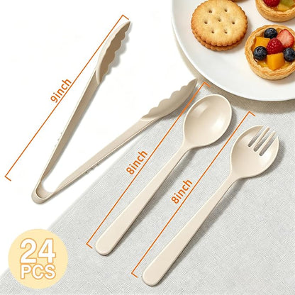 24 Pcs Ivory Plastic Serving Utensils Set, Elegant Disposable Serving Spoons & Forks for Wedding, Birthday Party, Baby Shower, Bridal Shower, Boho Celebration, Buffet & Special Events