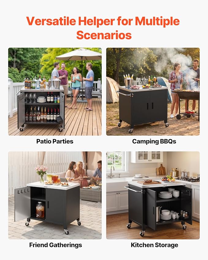 VEVOR Outdoor Grill Cart with Storage Cabinet, 40 Inch Grill Table, Waterproof Kitchen Island with Stainless Steel Top, Spice Rack, and Wheels, Movable Food Prep Station for Patio Bar Backyard BBQ