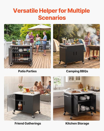 VEVOR Outdoor Grill Cart with Storage Cabinet, 40 Inch Grill Table, Waterproof Kitchen Island with Stainless Steel Top, Spice Rack, and Wheels, Movable Food Prep Station for Patio Bar Backyard BBQ