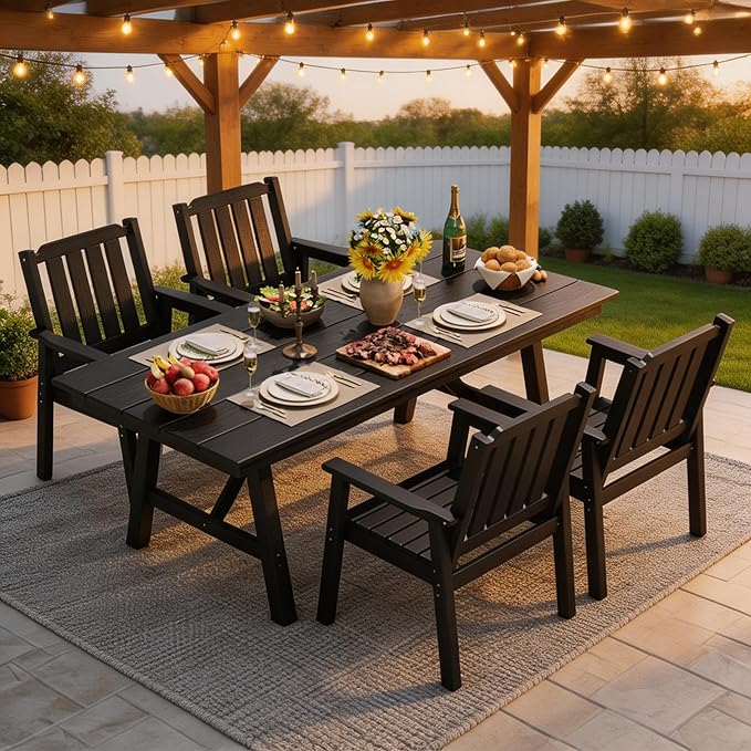 GarveeLife 5-Piece Outdoor Dining Set for Patio 4 People, HDPE All Weather Furniture Table Set with Large Table Umbrella Hole, Modern Outdoor Dining Chairs Armrest for Backyard Garden Deck (Black)