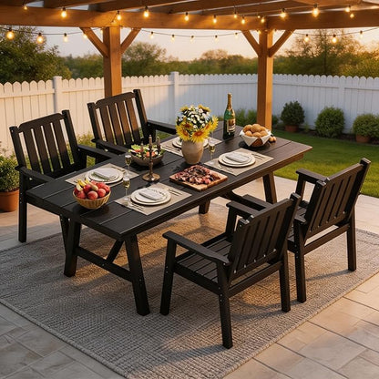 GarveeLife 5-Piece Outdoor Dining Set for Patio 4 People, HDPE All Weather Furniture Table Set with Large Table Umbrella Hole, Modern Outdoor Dining Chairs Armrest for Backyard Garden Deck (Black)