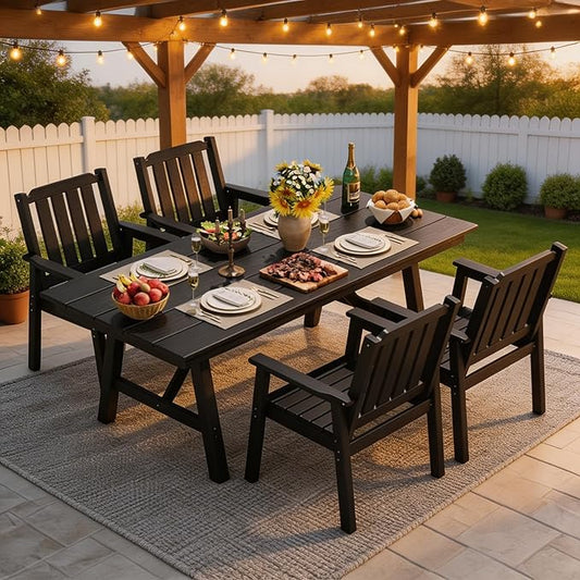GarveeLife 5-Piece Outdoor Dining Set for Patio 4 People, HDPE All Weather Furniture Table Set with Large Table Umbrella Hole, Modern Outdoor Dining Chairs Armrest for Backyard Garden Deck (Black)