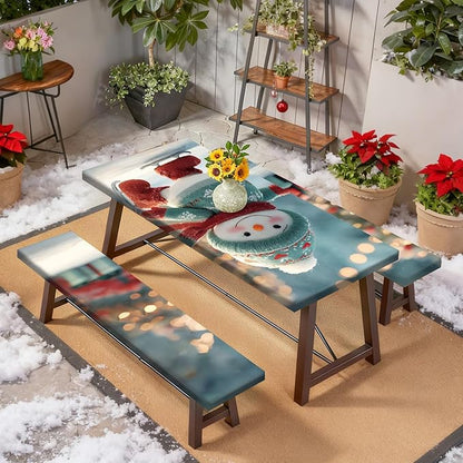 Christmas Picnic Table Cover with Bench Cover, Outdoor Picnic Table Elastic Tablecloth, Snowman Design with Lights, Camping, Barbecue and Holiday party Tablecloth