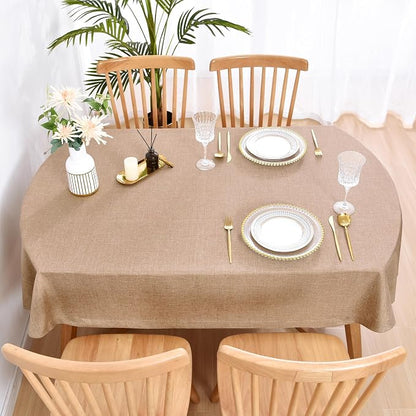 Wolkemer Faux Linen Large Oval Tablecloth Heavy Duty Wrinkle Resistant Fabric Table Cloths 60 x 120 Inch Flaxen Farmhouse Rustic Table Cover for Kitchen Dining Indoor Outdoor Tabletop Decoration