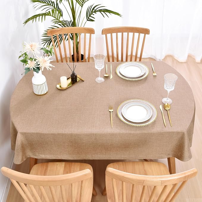 Wolkemer Faux Linen Small Oval Tablecloth Heavy Duty Wrinkle Resistant Fabric Table Cloths 52 x 70 Inch Flaxen Farmhouse Rustic Table Cover for Kitchen Dining Indoor Outdoor Tabletop Decoration