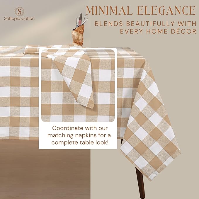Beige and White Buffalo Check Tablecloth, 60x102 Inches, Plaid Table Cover, 100% Cotton, Washable, Reusable Farmhouse Table Linen for Holiday, Thanksgiving, Weddings, Everyday Dining