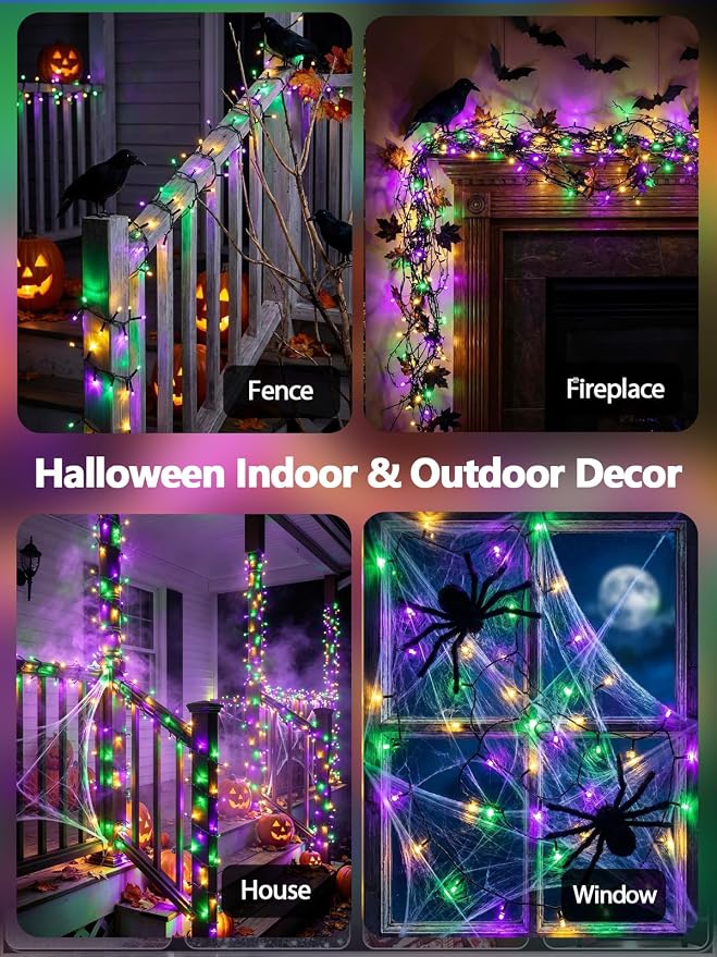 200 LED Extendable Green Yellow Purple Mardi Gras Lights Outdoor Indoor | 75.8FT, Timer & Memory Function,8 Modes,Plug in String Lights Waterproof for Creepy Halloween Party Tree Roof Graveyard Decor