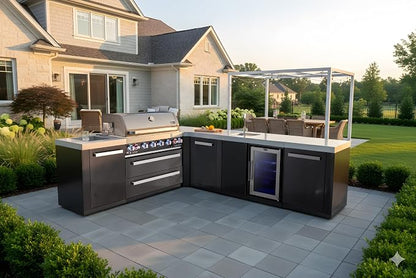 Mont Alpi 94"W x 113"D L-shaped Black Stainless Steel Outdoor Kitchen Island with Fridge + Faucet & Sink + 44"W 6-Burner BBQ Grill + Granite Countertops + Storage + Chopping Board + Rotisserie + Cover