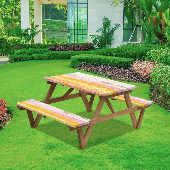 Landscape Picnic Table Cover with Bench Covers for Camping Party Supplies Outdoor Picnic Table Cover with Elastic Band