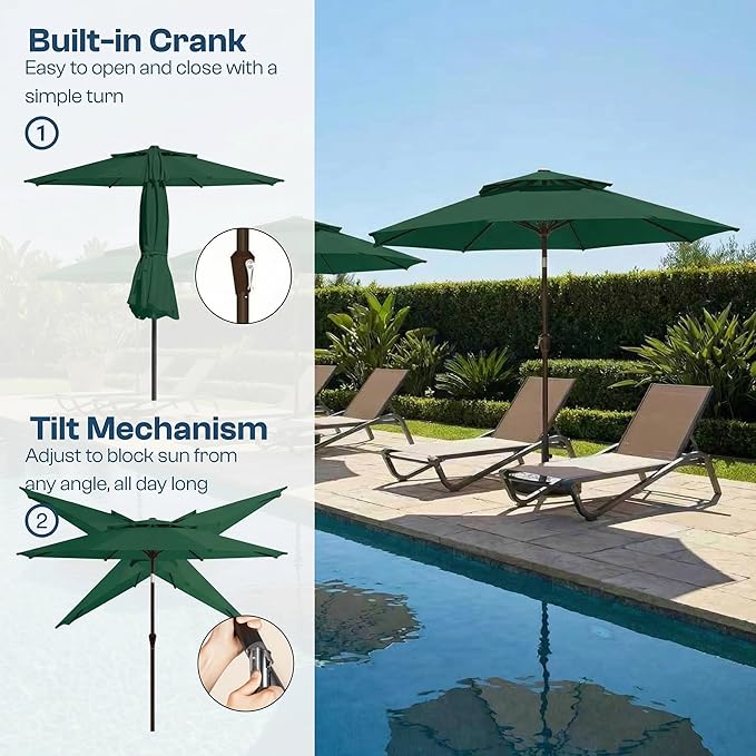 Patio Umbrella, 2 Tier Outdoor Table Umbrella, Large Vented Market Umbrellas with Push Button Tilt and Crank, 8 Sturdy Ribs for Backyard, Deck, Pool, UPF50+ UV Protection
