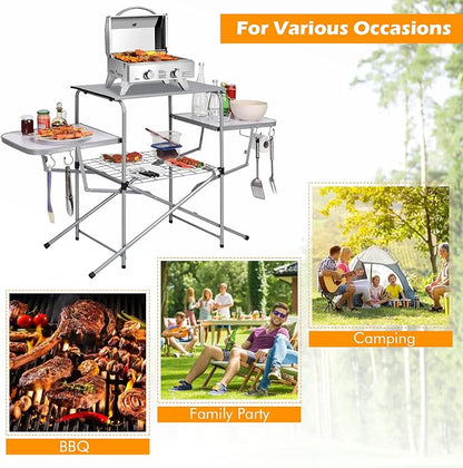 GIANTEX Folding Grill Table with 26'' Main Tabletop, Portable Aluminum Camping Table, Carrying Bag, Quick Set-up, Outdoor Camping Kitchen Food Prep Station for Picnic Tailgating RVing Backyard