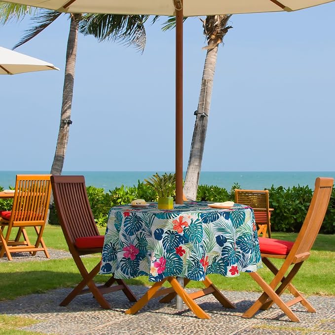 Round Outdoor Tablecloth with Umbrella Hole Umbrella Tablecloth Patio Tablecloths with Zipper for Courtyards, Terraces, and Beaches 60 in