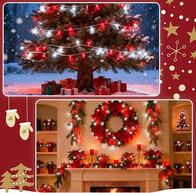 cshare Red and White Christmas Lights Outdoor Battery Operated, Chrristmas String Lights with Timer Waterproof Clear Wire for Indoor & Outdoor Christmas Decorations Garland Party Garden