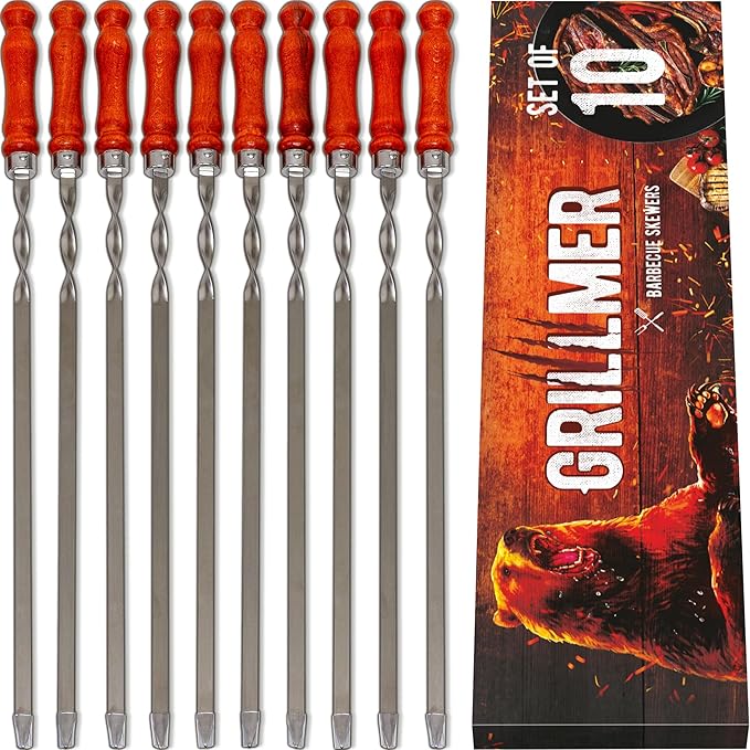 Long Stainless Steel BBQ Skewers 23.6" — Shish Kabob/Kebab Sticks, Flat Heavy-Duty Metal Grilling Rods for Picanha & Shashlik, Brazilian BBQ, Set of 10