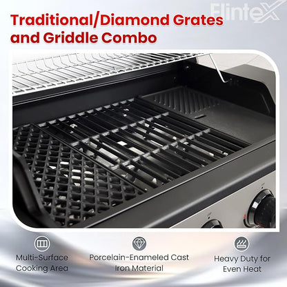 Flintex 4-Burner Propane Gas Grill with Infrared Searing Side Burner and Porcelain-Enameled Cast Iron Grates & Pan, Outdoor BBQ Grill with 46,500 BTU Output, 490 sp.in. Cooking Area, Black