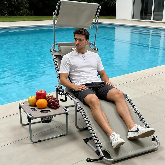 Outdoor Tanning Chair with Sun Canopy Shade & Face Hole, Folding Lounge Chair with Beach Table and Carry Bag for Poolside Sunbathing Lawn