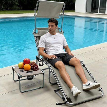 Outdoor Tanning Chair with Sun Canopy Shade & Face Hole, Folding Lounge Chair with Beach Table and Carry Bag for Poolside Sunbathing Lawn