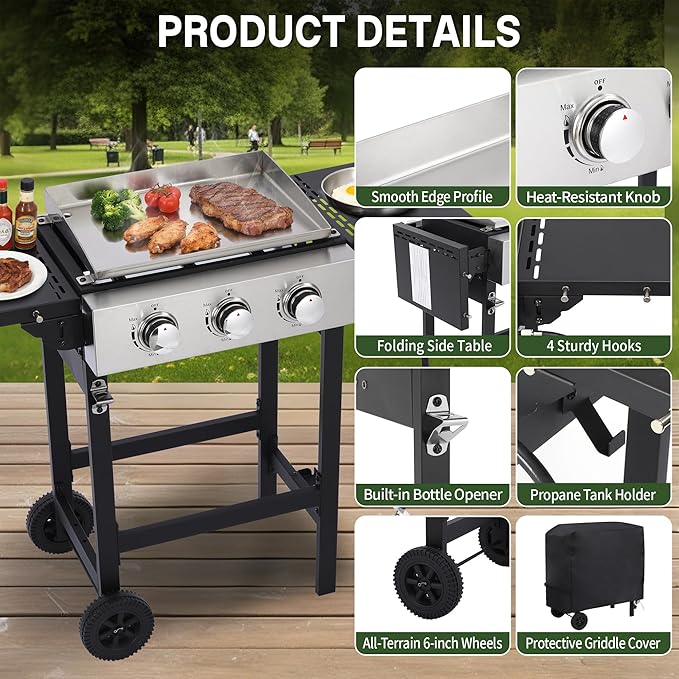 3-Burner Flat Top Grill with Folding Side Tables, Outdoor Griddle Grill with Storage Cover, 30,000 BTU Flat Grill with Stainless Steel Cooking Surface for BBQ, Camping, Tailgating