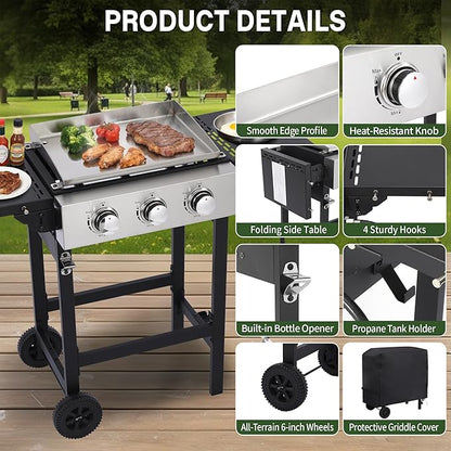 3-Burner Flat Top Grill with Folding Side Tables, Outdoor Griddle Grill with Storage Cover, 30,000 BTU Flat Grill with Stainless Steel Cooking Surface for BBQ, Camping, Tailgating