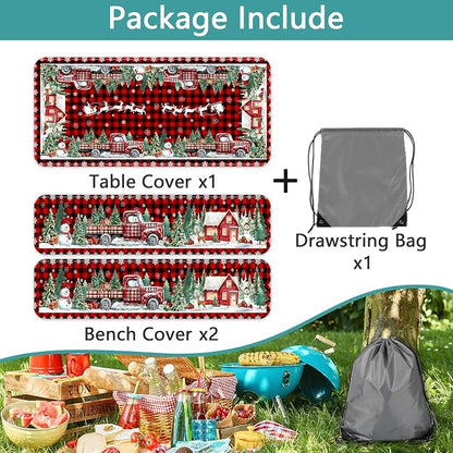 Christmas Picnic Table Cover with Bench Covers and Bag, Camping Essentials, Red Plaid Xmas Waterproof Windproof, Fitted Tablecloth Cover with Elastic Edge, for Indoor & Outdoor, 3 PCS, 30x60 Inch