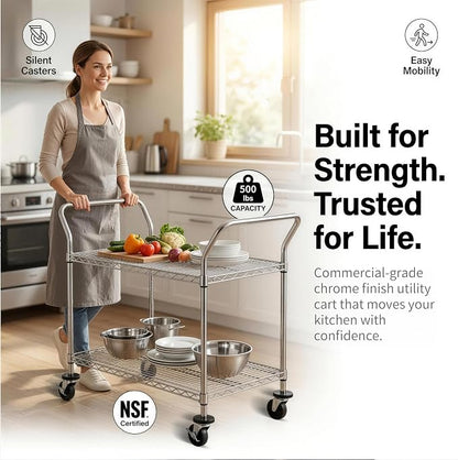 Finnhomy 2-Tier Commercial Grade Rolling Cart, Heavy Duty Utility Cart, Carts with Wheels and Handles, Kitchen Cart on Wheels, Metal Serving Cart with 500 lbs Capacity, Shelf Size 20" D x 36" W, NSF