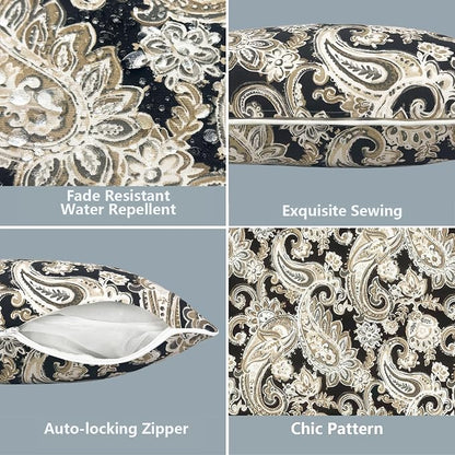 LVTXIII 2 Pack Outdoor Lumbar Pillow Covers 12x20 Inch with Piping, Water-Repellent Back Cushion Covers ONLY for Patio Furniture, Sofa, Garden Bench, Paisley Black