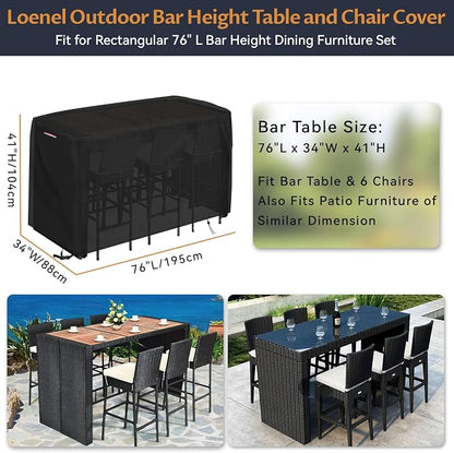 Outdoor Bar Height Table Set Cover Waterproof, 76"L x 34"W x 42"H | Heavy Duty Waterproof Patio Bar Height Table and Chair Cover for Rectangular 76"L Tall High Furniture Set