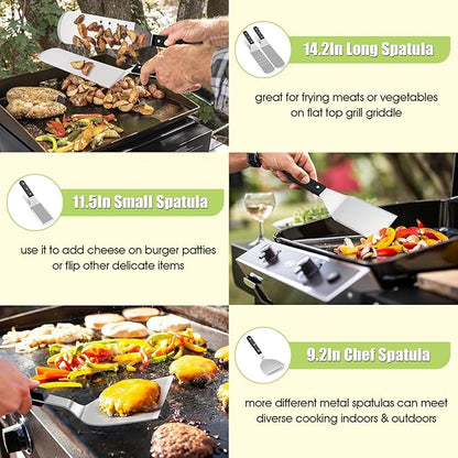 HaSteeL 16PCS Griddle Accessories Set, Stainless Steel Flat Top Grilling Tools Kit with Enlarge Spatula Scraper Basting Cover Burger Press for Outdoor Barbecue Teppanyaki Cooking, ABS Handle