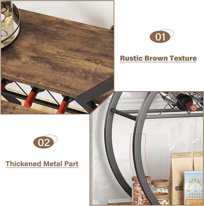 LVB Industrial Bar Cart, Beverage Serving Cart with Wheels, Rustic Brown | Modern Bar Cart with Wine Rack, Wooden Microwave Drink Liquor Cart for Dining Room, Coffee Liquor Drink Cart with Storage