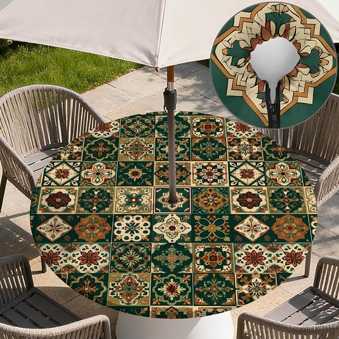 Outdoor Tablecloth with Umbrella Hole and Zipper Fits 49-52" Tables | Waterproof Round Fitted Tablecloth with Elastic Edge, Wipeable Outdoor Table Cover for Patio, Garden, Picnic
