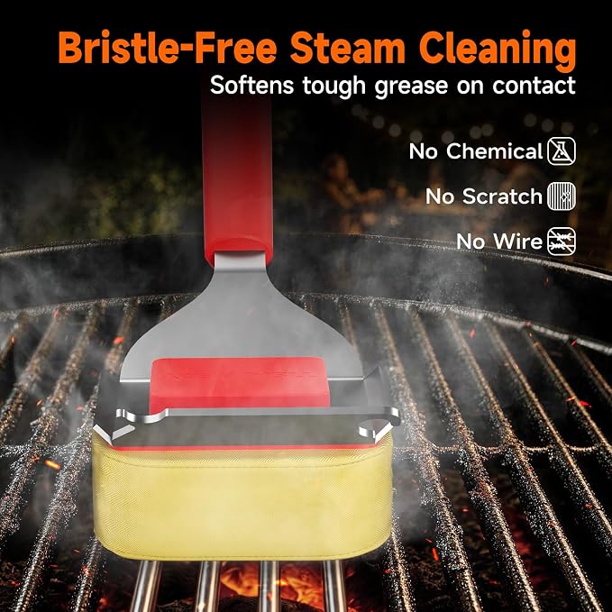 Bristle-Free Grill Brush with Heat-Resistant Kevlar Fiber Head, Red | Steam Cleaning, Replaceable No-Wire Head, 17" Handle, 4-in-1 Scraper, for Porcelain/Ceramic/Stainless Steel/Cast Iron Grate
