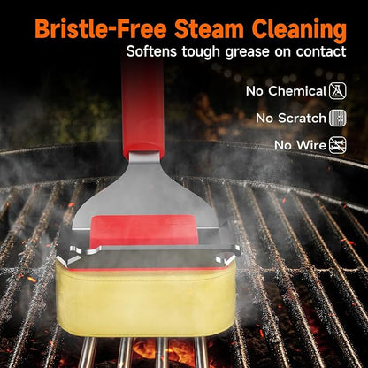 Bristle-Free Grill Brush with Heat-Resistant Kevlar Fiber Head, Red | Steam Cleaning, Replaceable No-Wire Head, 17" Handle, 4-in-1 Scraper, for Porcelain/Ceramic/Stainless Steel/Cast Iron Grate