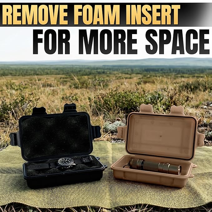 2 Pcs Small Waterproof Box Set, 4.92x2.95x1.53", (Black & Khaki) | Geocache Containers; Durable Plastic Shell, Foam Insert, Tether Loops; for Hiking, Travel, Camping, and Fishing Gear