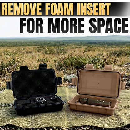2 Pcs Small Waterproof Box Set, 4.92x2.95x1.53", (Black & Khaki) | Geocache Containers; Durable Plastic Shell, Foam Insert, Tether Loops; for Hiking, Travel, Camping, and Fishing Gear