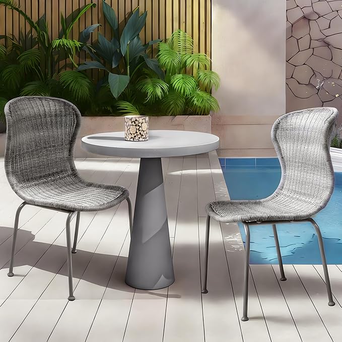 Christopher Knight Home Kixi Set of 2 Dining Chairs, Faux Rattan Outdoor Accent Seating with Iron Frame, Armless Design for Patio, Poolside/Garden, Grey