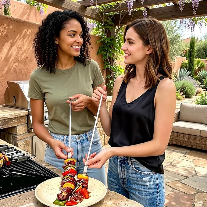 16.5" Skewers for Grilling with Push Bar, Flat Metal Kabob Skewers, Reusable Stainless Steel BBQ Skewers, Heavy Duty Shish Kebab Skewers for Outdoor Camping Grill Kitchen Cooking
