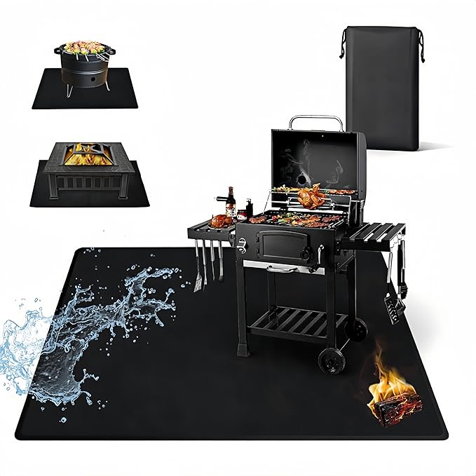 48 x 36 Inch Under Grill Mat with Storage Bag, Double-Sided Silicone Fiberglass Grill Pad, Fire Resistant Waterproof Oil-Proof BBQ Mat for Deck, Patio, Lawn, Smoker, Griddle & Fire Pit