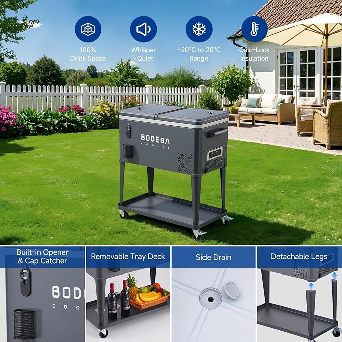 BODEGACOOLER 50QT Electric Cooler with Wheels, Compressor Rolling Cooler | Ice-Free, AC & 12V DC Power, 45dB Quiet, IPX5, Pull-out Handle, Dual-side Lid w/ Opener, Locking Casters, Steel Body
