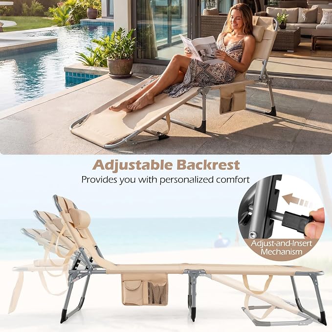 GYMAX Tanning Chair, Folding Lounger with Face/Arm Holes, Carry Handles & Side Pocket, Portable Lightweight Layout Beach Chair for Outdoor/Indoor, Face Down Sun Lounger (1, Sand)