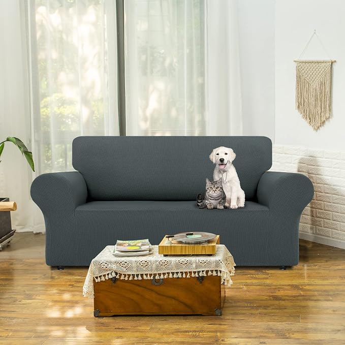 LURKA Stretch Loveseat Sofa Slipcovers 1 Piece Couch Covers for Sofa Furniture Protector Full Sofa Covers with Elastic Bottom for Kids and Dog (Medium, Grey)
