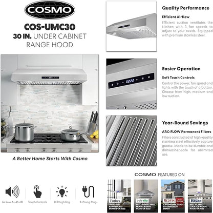 COSMO UMC30 30 in. Haven Collection 380 CFM Ducted Under Cabinet Range Hood, LED Lights, Touch Controls, Stainless Steel